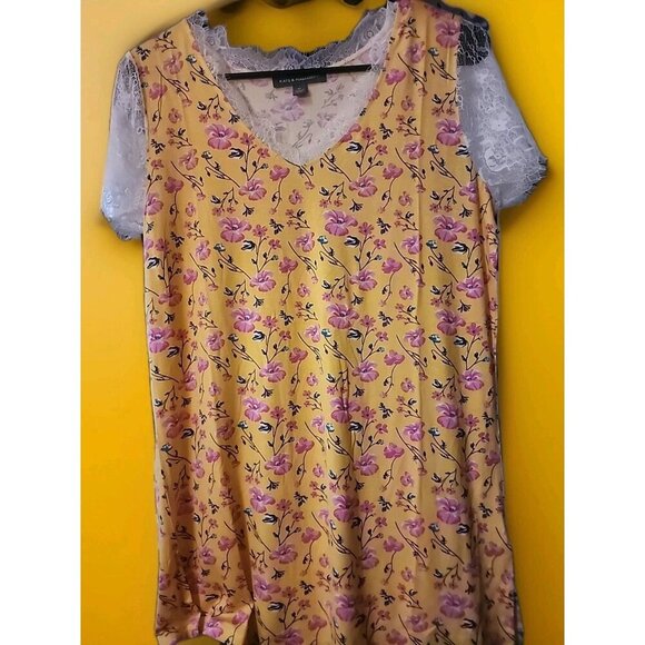 New KATE MALLORY Medium Yellow Floral Lace Pullover Tunic Top Cr60 Excellent - Picture 1 of 5